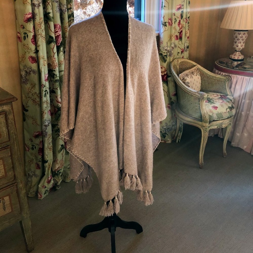 White + Warren Tassel Cashmere Poncho Taupe OS